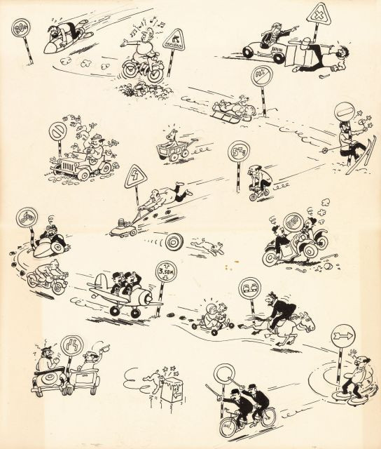 HERGÉ STUDIOSLE CODE DE LA ROUTEEncre de Chine pour une illustration avec les principaux personnages des aventures de Tintin dans di...