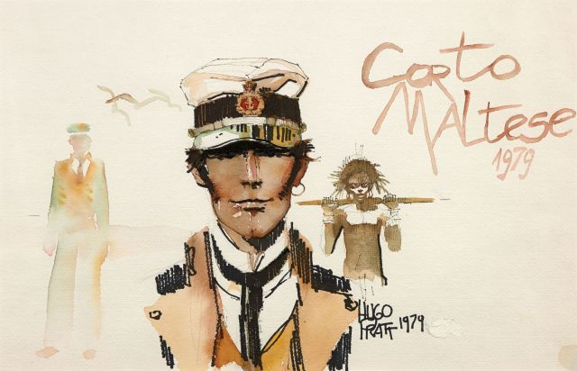 Hugo PRATT 1927 – 1995 CORTO MALTESE LES ETHIOPIQUES Encre de Chine, aquarelle, feutre et gouache blanche pour un portrait de Corto Mal