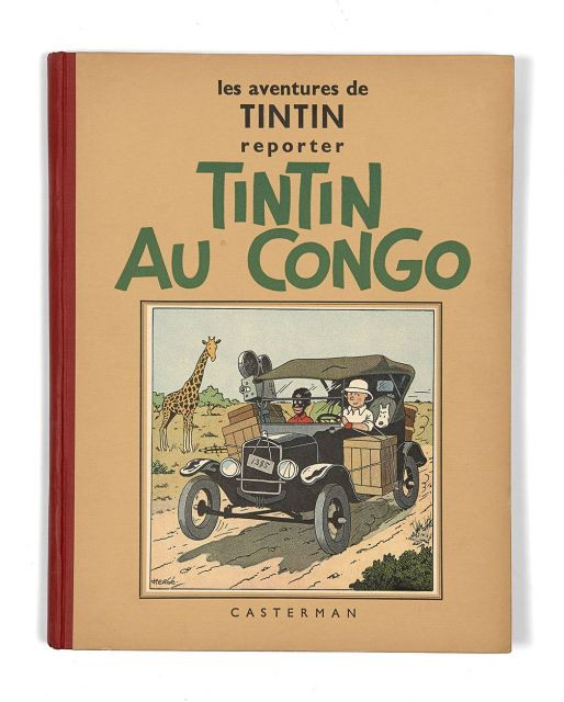 HERGÉ TINTIN N°02 TINTIN AU CONGO Casterman, 1937. Dos toilé rouge. 4ème plat A3. Petite image imprimée collée au 1er plat. Pages de ga