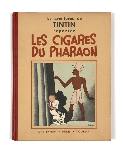 HERGÉ TINTIN N°04 LES CIGARES DU PHARAON Casterman, 1938. Dos toilé rouge, 4ème plat A6. Petite image collée. Pages de garde bleu foncé