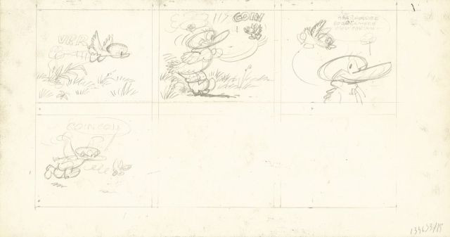 Raymond MACHEROT1924 – 2008KLAXONEncre de Chine pour la demi-planche 2A des aventures du petit canard Klaxon, parue en 1956 dans le ...