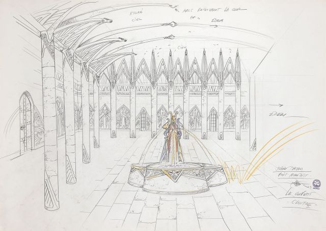 Philippe DRUILLETNé en 1944LES ROIS MAUDITSDessin d’étude au crayon représentant le cloître du couvent, pour le téléfilm de Josée Da...