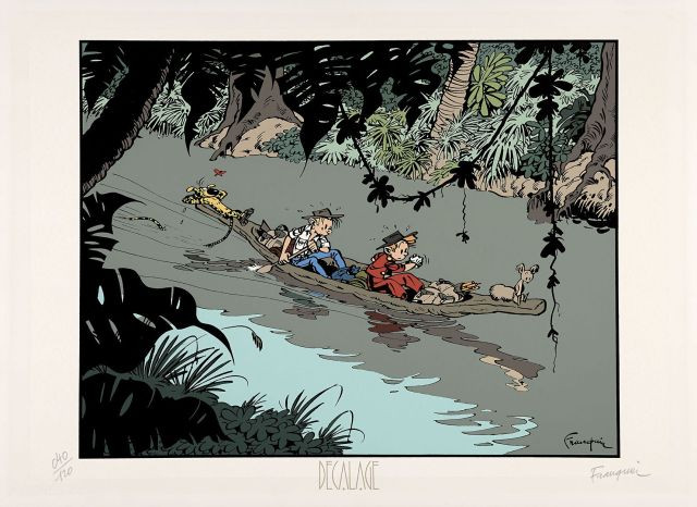 FRANQUINLA PIROGUE HORIZONTALESérigraphie en couleurs de 15 passages représentant Spirou, Fantasio et le Marsupilami en pirogue. Édi...