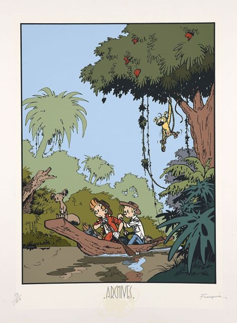 FRANQUINPIROGUE VERTICALESérigraphie en couleurs représentant Spirou et Fantasio en pirogue. Épreuve signée et numérotée à 100 exemp...