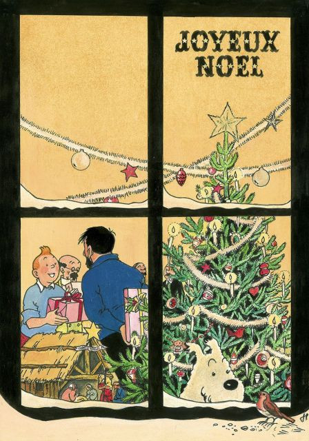 HERGÉ STUDIO – 1983 JOYEUX NOËL Bleu de coloriage repassé à l’encre de Chine par Bob De Moor. Avec son certificat des Studios Hergé. À