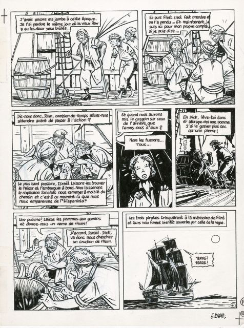 Émile BRAVONé en 1964L’ILE AU TRÉSOREncre de Chine et crayon bleu pour la planche 10 de cette histoire publiée en juillet 1998 dans ...