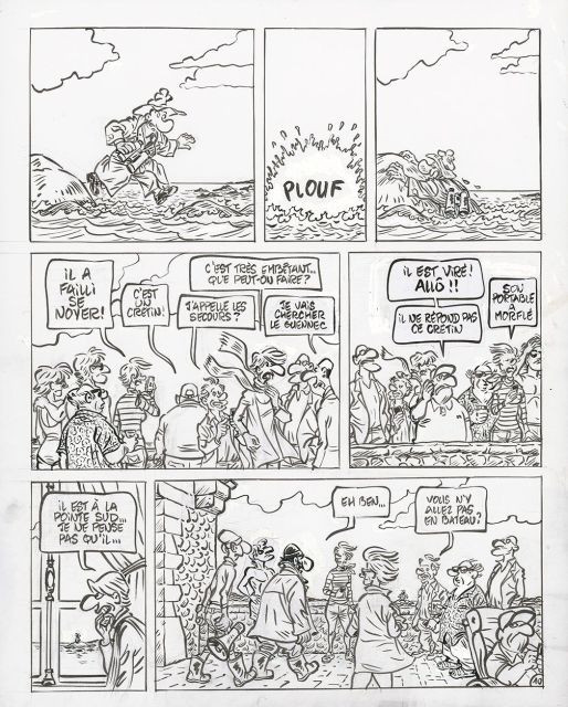 René PÉTILLONNé en 1945JACK PALMERPALMER EN BRETAGNEEncre de Chine, gouache et découpage pour la planche 10, page 12, de cet album p...