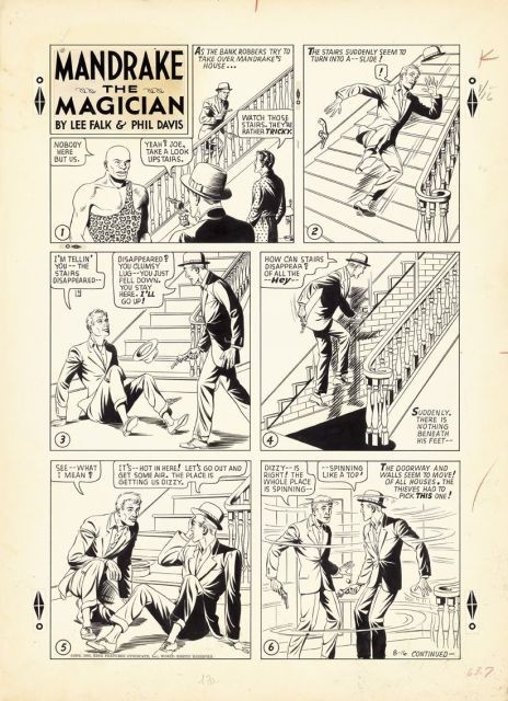 Phil DAVIS1906 – 1964MANDRAKE THE MAGICIANEncre de Chine pour la planche publiée le 16 août 1953 par le King Features Syndicate. Car...