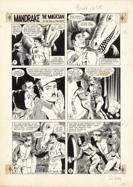 Phil DAVIS1906 – 1964MANDRAKE THE MAGICIANEncre de Chine pour la planche publiée le 16 août 1953 par le King Features Syndicate. Car...