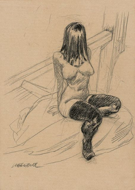 Tanino LIBERATORENé en 1953NU FEMININMine de plomb sur papier Kraft pour un dessin inédit représentant une femme nue portant des bas...