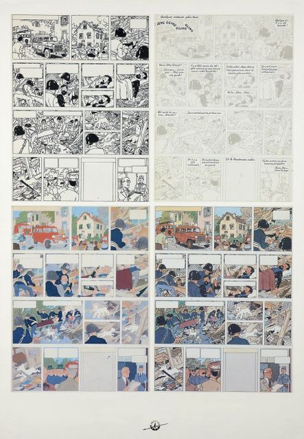 HERGÉ STUDIOS L’AFFAIRE TOURNESOL4 sérigraphies reprenant la planche 27 de cet album. Crayonné préliminaire et photos des voitures d...
