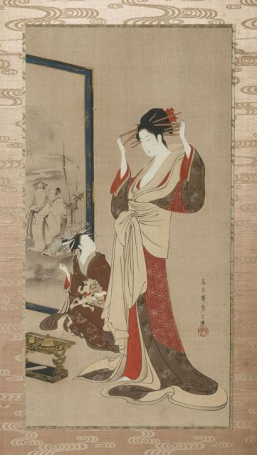 PEINTURE À L'ENCRE ET COULEURS SUR SOIE ENCADRÉE, JAPON, FIN DU XIXe SIÈCLE