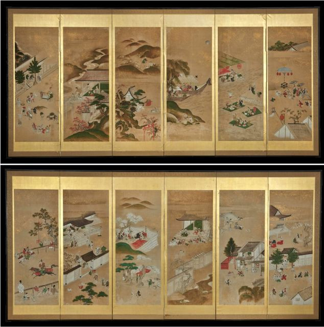 PAIRE DE PARAVENTS À SIX FEUILLES SUR PAPIER, JAPON, ÉPOQUE MEIJI, XIXe SIÈCLE