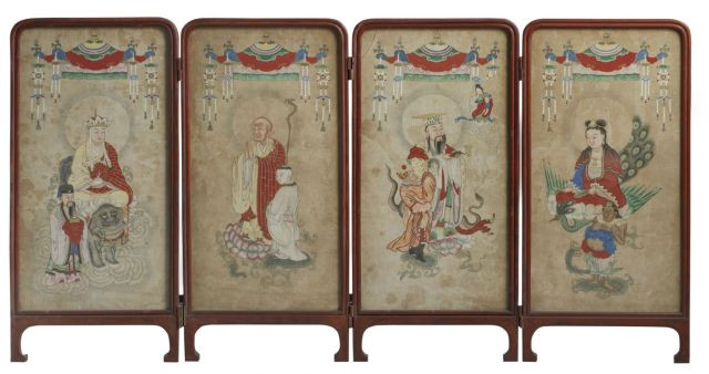 HUIT PEINTURES TAOÏSTE MONTÉES EN PARAVENT À QUATRE FEUILLES, CHINE, DYNASTIE QING, XIXe SIÈCLE