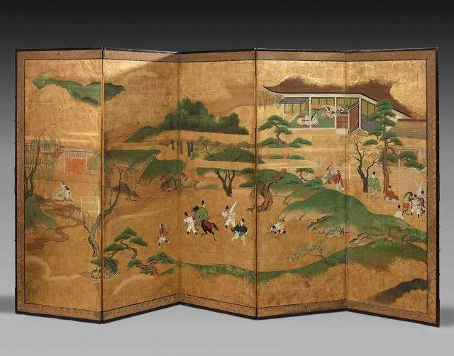 PAIRE DE PARAVENTS À QUATRE FEUILLES ET CINQ FEUILLES SUR PAPIER À FOND OR, JAPON, PÉRIODE EDO, XVIIIe SIÈCLE