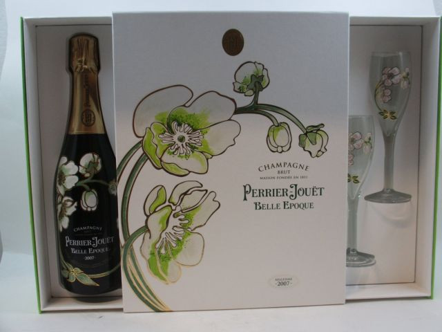 1 bouteille CHAMPAGNE PERRIER JOUET 2007 Belle époque Coffret d'origine + 2 flûtes