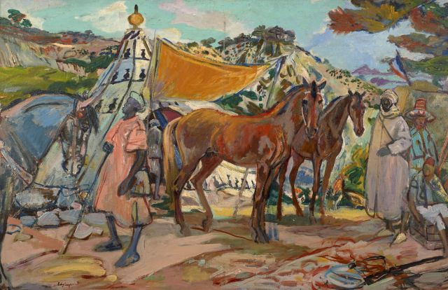 Edy LEGRAND 1892 - 1970 Chevaux, anglais et syriens au Campement d'Aïn-Kebira Huile sur carton fort