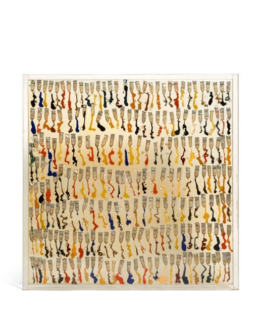 ARMAN 1928 - 2005 Sans titre, 1967 Inclusion de tubes, bouchons et aquarelle dans résine polyester