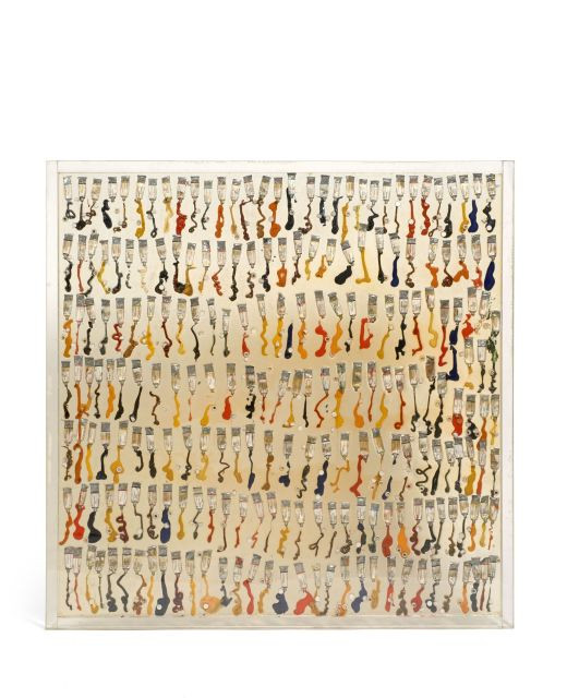 ARMAN 1928 - 2005 Sans titre, 1967 Inclusion de tubes, bouchons et aquarelle dans résine polyester