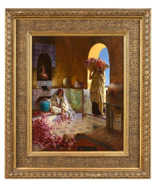 Rudolf ERNST 1854 - 1932 La cueillette des roses Huile sur panneau