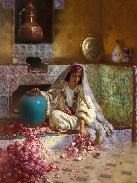 Rudolf ERNST 1854 - 1932 La cueillette des roses Huile sur panneau