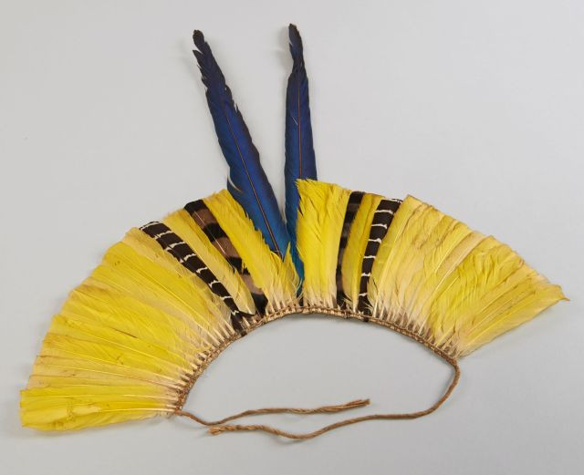 COIFFE en plumes jaune et bleue, Ara bleu, cacique huppé, hocco à face nue et spizaète orné. Haut. : 49 cm, Largeur : 50 cm. Ara ara...