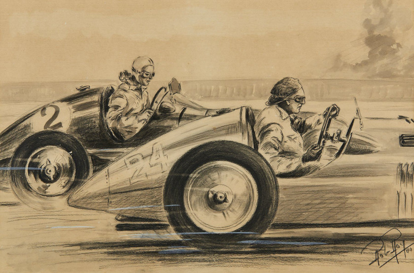 Rob ROY (Robert Le Proux de la Rivière 1909- 1992)  Philippe Etancelin sur Talbot-Lago, Le Prince Bira sur Maserati