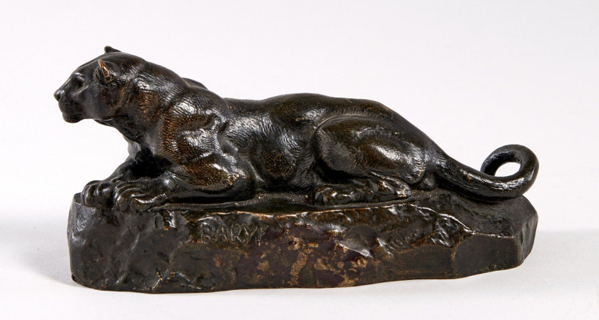 Antoine-Louis BARYE (1795-1875) Panthère de Tunis  Bronze à patine verte et légèrement dorée. Signé sur la terrasse, fondeur F...