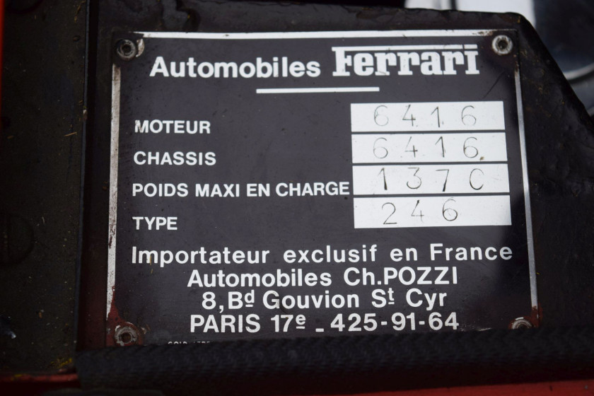 1974 Dino 246 GT "Tipo E" Carte grise françaiseChâssis n° 06416Moteur n°142536- Même propriétaire depuis 38 ans- Belle sellerie d'origi