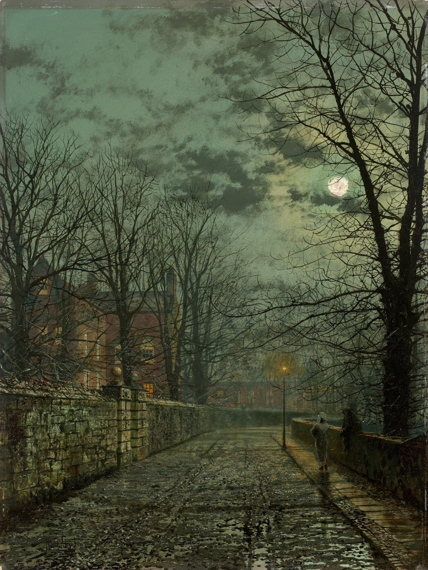 John Atkinson Grimshaw Leeds, 1836 - 1893 Rue après la pluie au clair de lune Huile sur carton