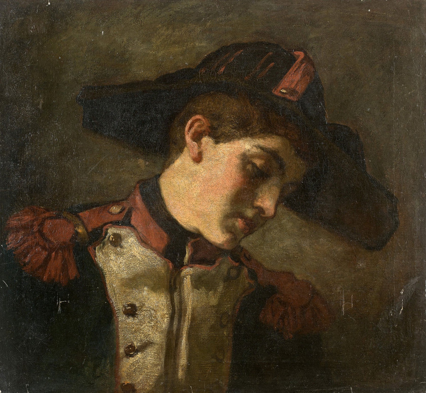 Thomas Couture et atelier Senlis, 1815 - Villiers-le-Bel, 1879 Étude de jeune soldat de profil Huile sur toile 53,50 x 57,50 cm Provena