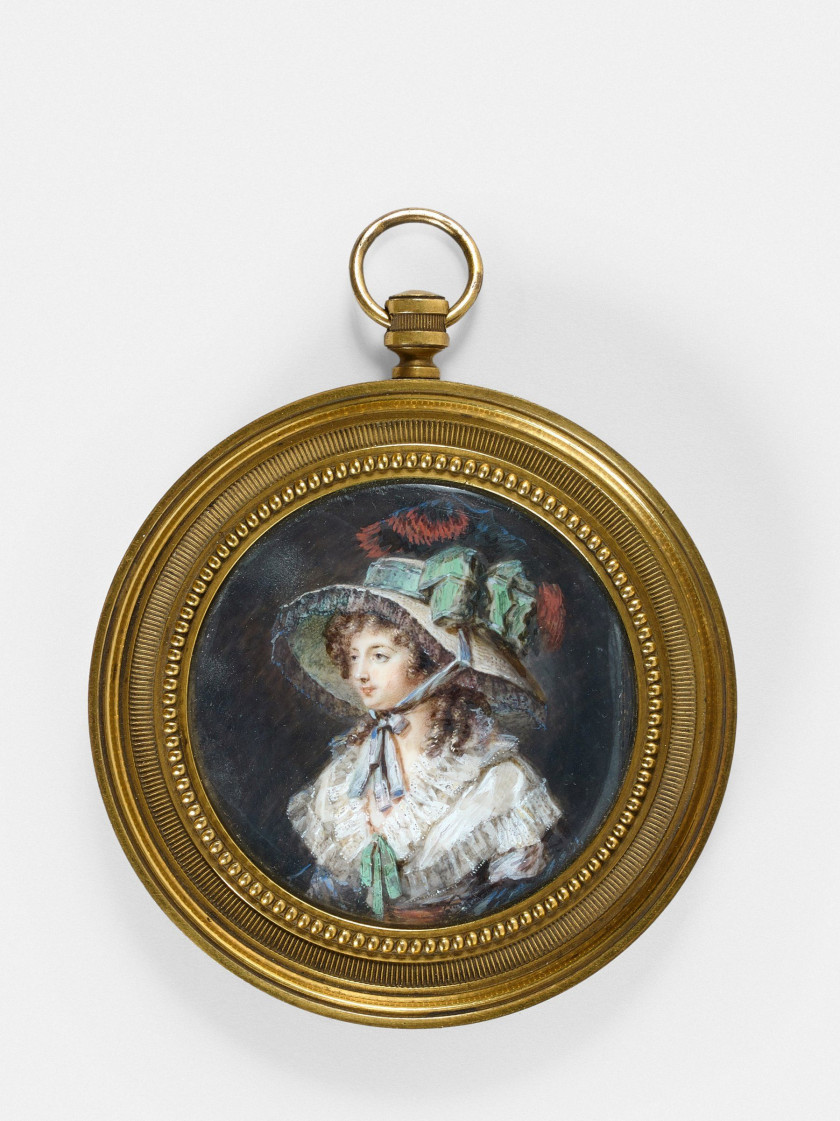 Ecole française du XIXe siècle Suiveur de Peter Adolph Hall Portrait de femme au chapeau orné de plumes et rubans verts Miniature de...