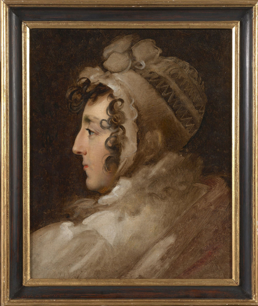 École anglaise du début du XIXe siècle  Portrait de femme au bonnet blanc de profil Huile sur toile (Toile d'origine)