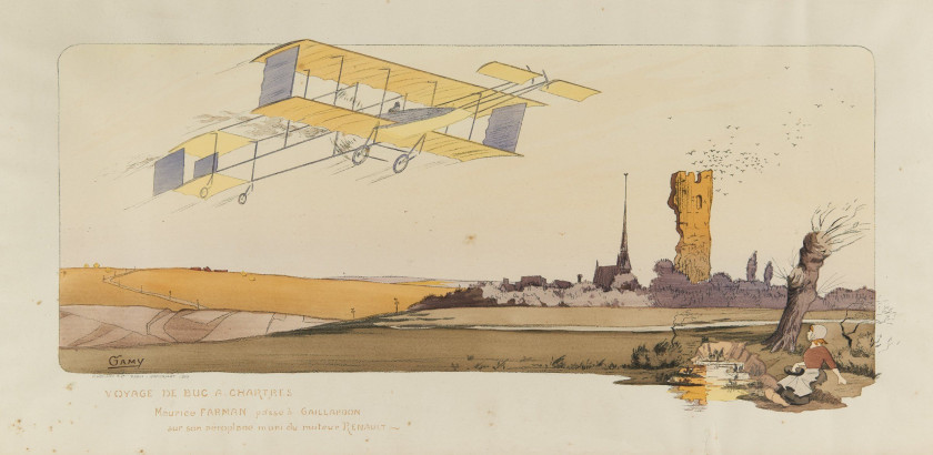 GAMY (présumée Marguerite Montaut)  Voyage de Buc à Chartres. Maurice Farman passe à Gaillardon sur son aéroplane muni du moteur Ren...