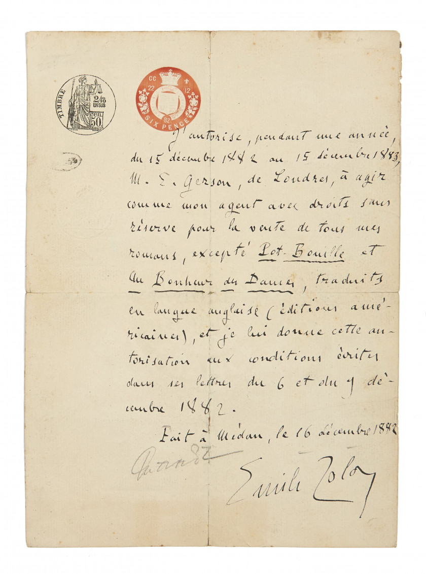 Émile ZOLA 1840-1902 Pièce autographe signée