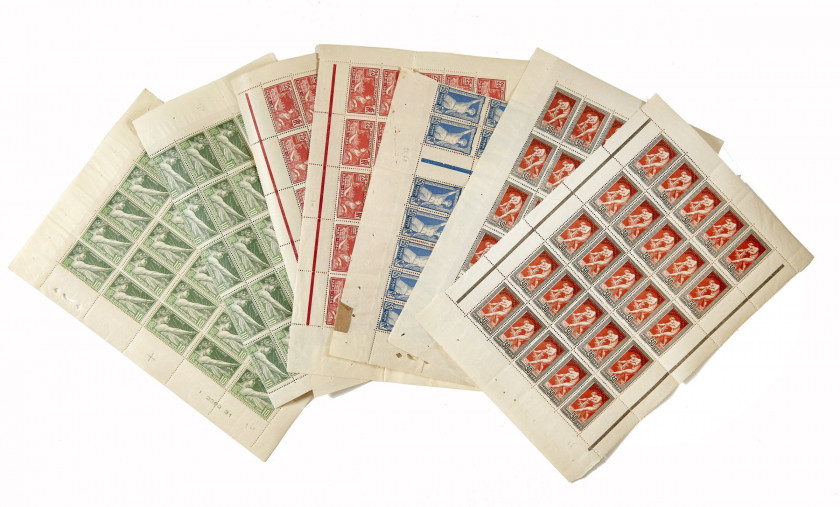 FRANCE Jeux olympiques de Paris, ensemble de timbres de la série n°183 à 186 en bloc et en panneau - Art décoratifs 1925, ensemble...