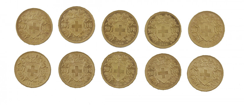 SUISSE 20 Francs. 10 pièces or  de 1930. Poids : 64.21 g.