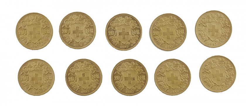 SUISSE 20 Francs. 10 pièces or  de 1927. Poids : 64.18 g.