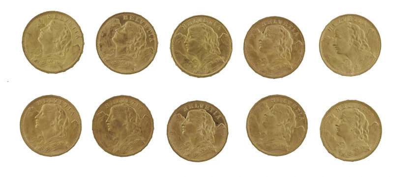 SUISSE 20 Francs. 5 p. 1930, 1 p. 1907, 2 p. 1922, 1 p. 1918, 1 p. 1910. Ens. de 10 pièces or.  Poids : 64.21 g.