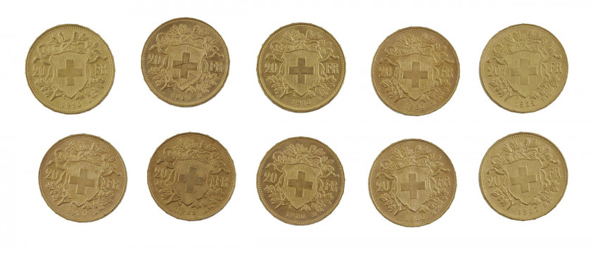 SUISSE 20 Francs. 5 p. 1930, 1 p. 1907, 2 p. 1922, 1 p. 1918, 1 p. 1910. Ens. de 10 pièces or.  Poids : 64.21 g.