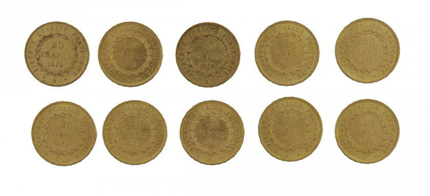 FRANCE 20 Francs. Génie. 10 pièces or de 1875. Poids : 64.15 g.