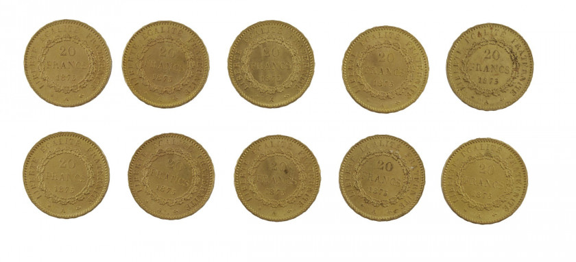 FRANCE 20 Francs. Génie. 10 pièces or de 1875. Poids : 64.21 g.