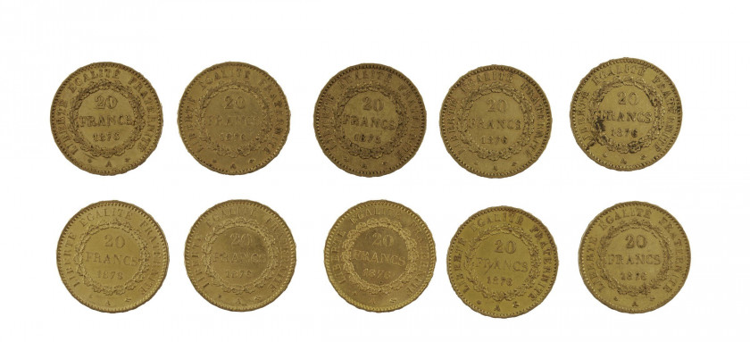 FRANCE 20 Francs. Génie. 10 pièces or de 1876. Poids : 64.03 g.