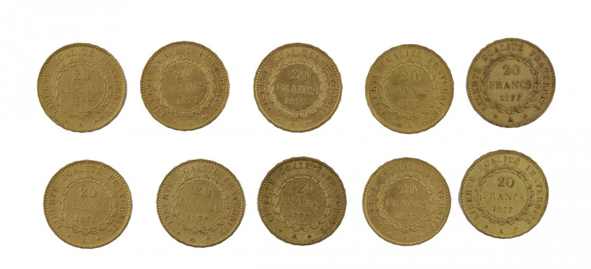 FRANCE 20 Francs. Génie. 10 pièces or de 1877. Poids : 64.19 g.