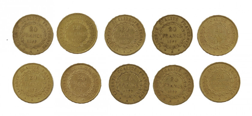 FRANCE 20 Francs. Génie. 10 pièces or de 1877. Poids : 64.15 g.