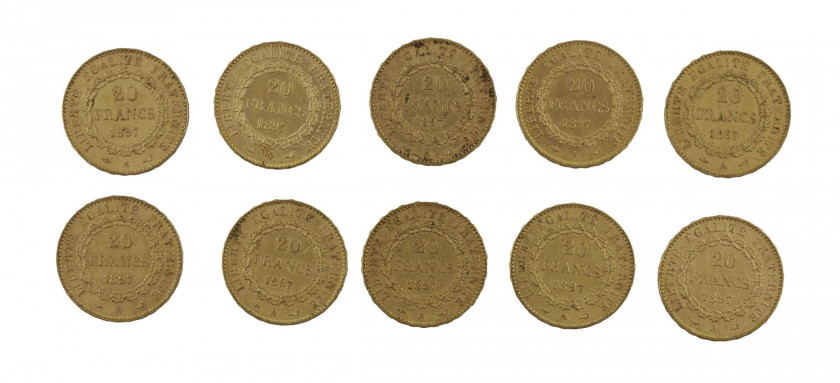 FRANCE 20 Francs. Génie. 10 pièces or de 1897. Poids : 64.17 g.