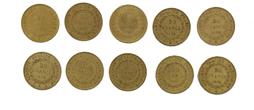 FRANCE 20 Francs. Génie. 1 p. 1871, 2 p. 1874, 2 p. 1875, 2 p. 1876, 1 p. 1877, 1 p. 1879, 1 p; 1892. Ensemble de 10 pièces or. Po...