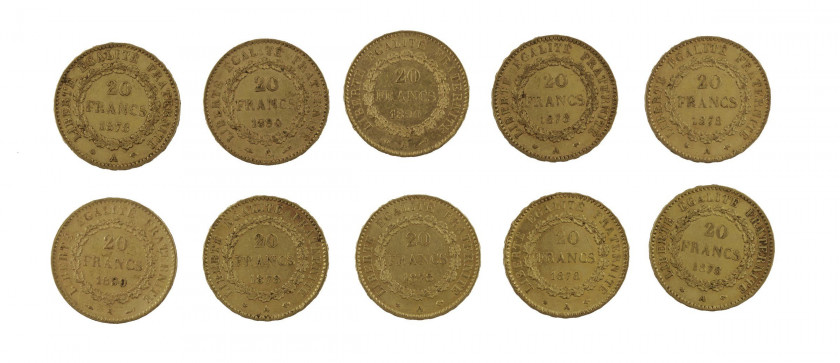 FRANCE 20 Francs. Génie. 7 p. 1878, 3 p. 1890. Ensemble de 10 pièces or. Poids : 64.07 g.