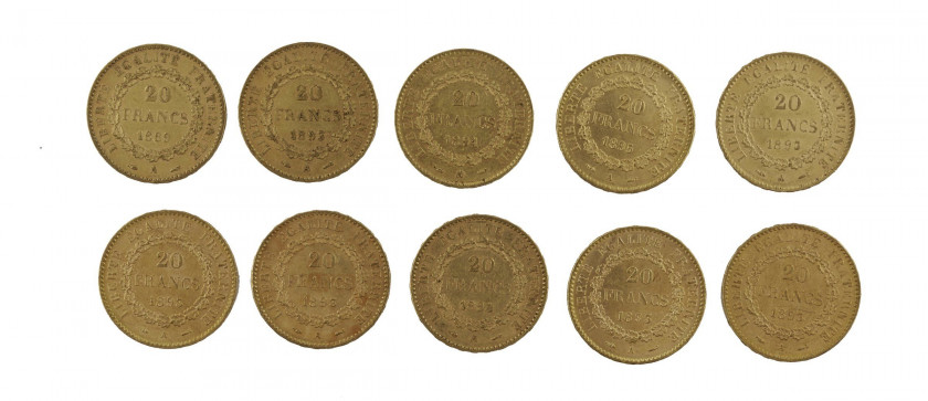 FRANCE 20 Francs. Génie. 1 p. 1889, 1 p. 1891, 6 p. 1893, 1 p. 1894, 1 p. 1895. Ensemble de 10 pièces or. Poids : 64.16 g.