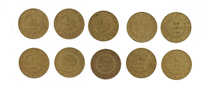 FRANCE 20 Francs. Génie. 7 p. 1896, 3 p. 1895. Ensemble de 10 pièces or. Poids : 64.10 g.
